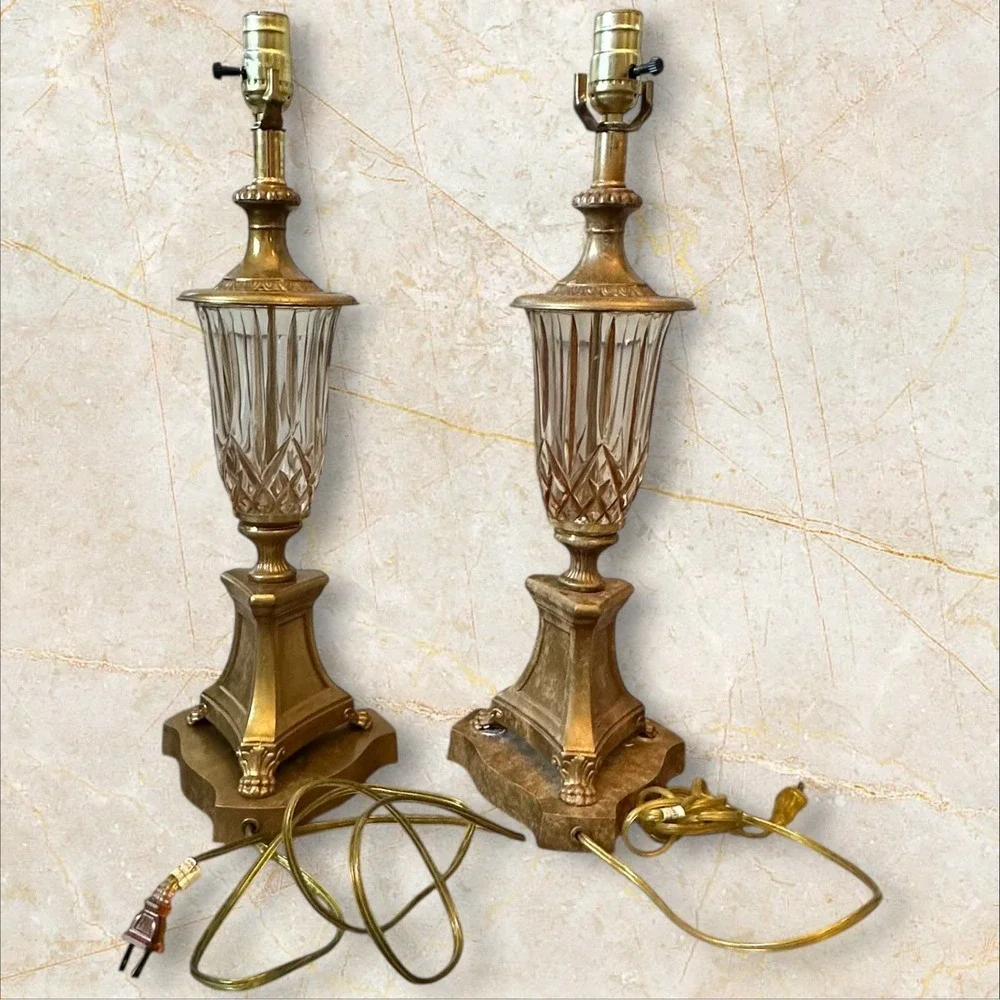Coordinating Vintage‎ Hollywood Regency Gold Cut Glass Table Lamps 22